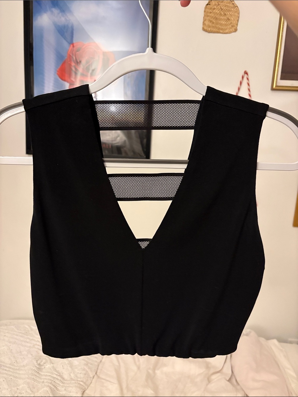 Alice + Olivia Black V-Neck Crop Top with Mesh Back Straps